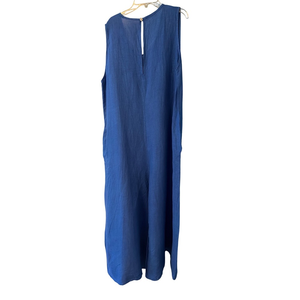 Puro Lino Jumpsuit Blue Linen Wide Leg Sleeveless Scoop Neck Pocket - Picture 5 of 7